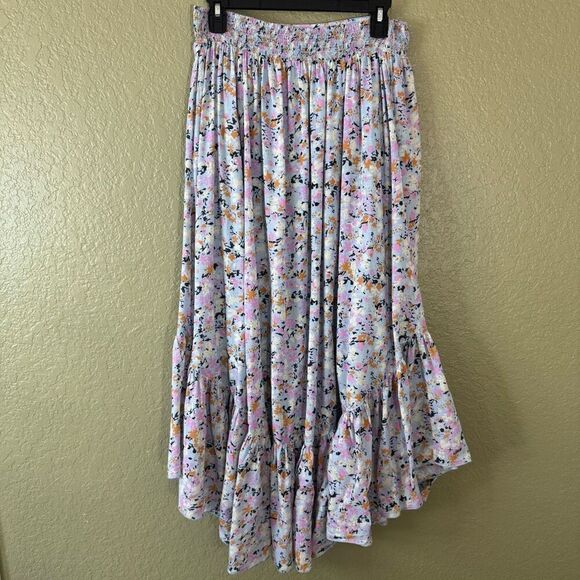 Free People Women's L Smocked Waist Ruffle Tier Maxi Skirt Multi Floral Prairie - Picture 6 of 9